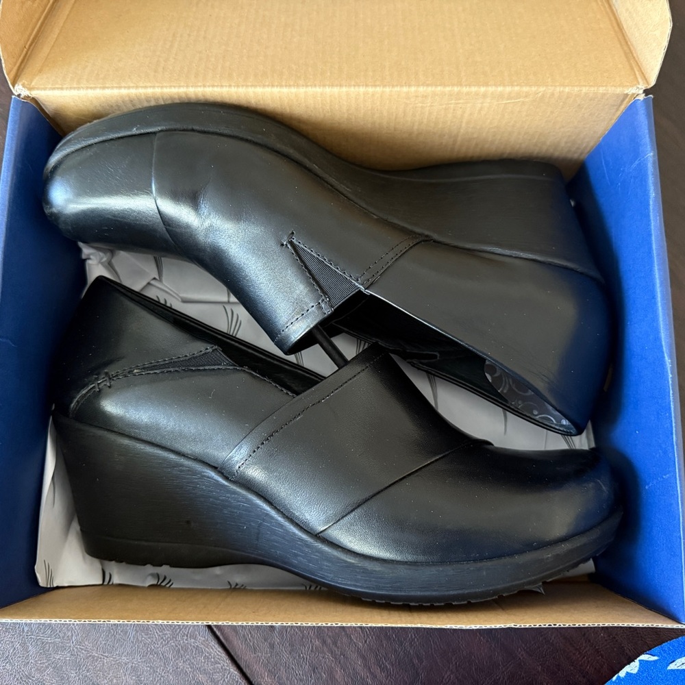 Dansko Black Leather Wedge Mules